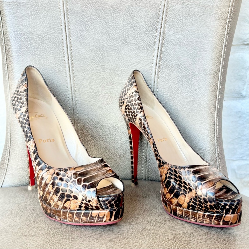 Christian Louboutin Altadama 140 Brown Snakeskin Peep Toe Heels Euro 40